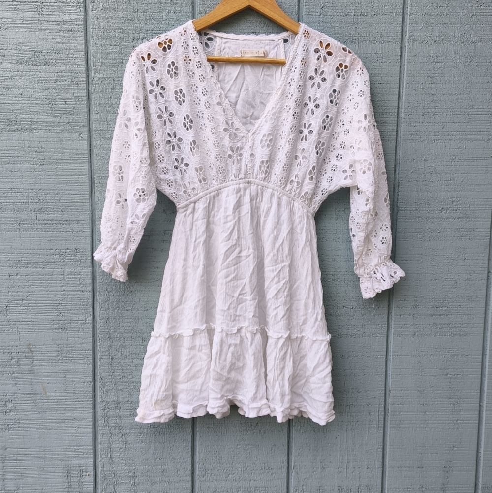 Boutique Hint Of Mint Eyelet Lace Empire Waist Babydoll Dress sz XS/S White